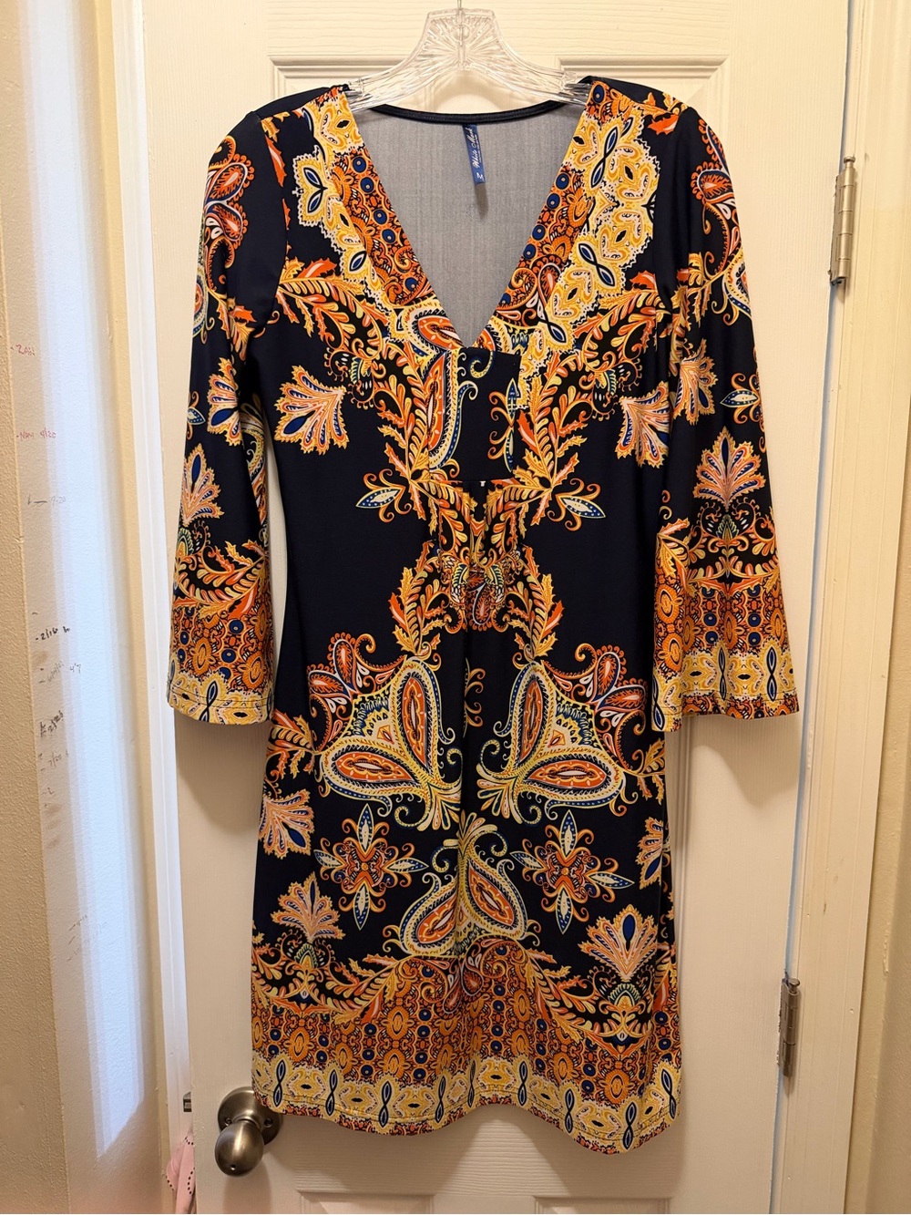 White Mark Navy Paisley V-Neck Long Sleeve Dress with Yellow & Orange Print